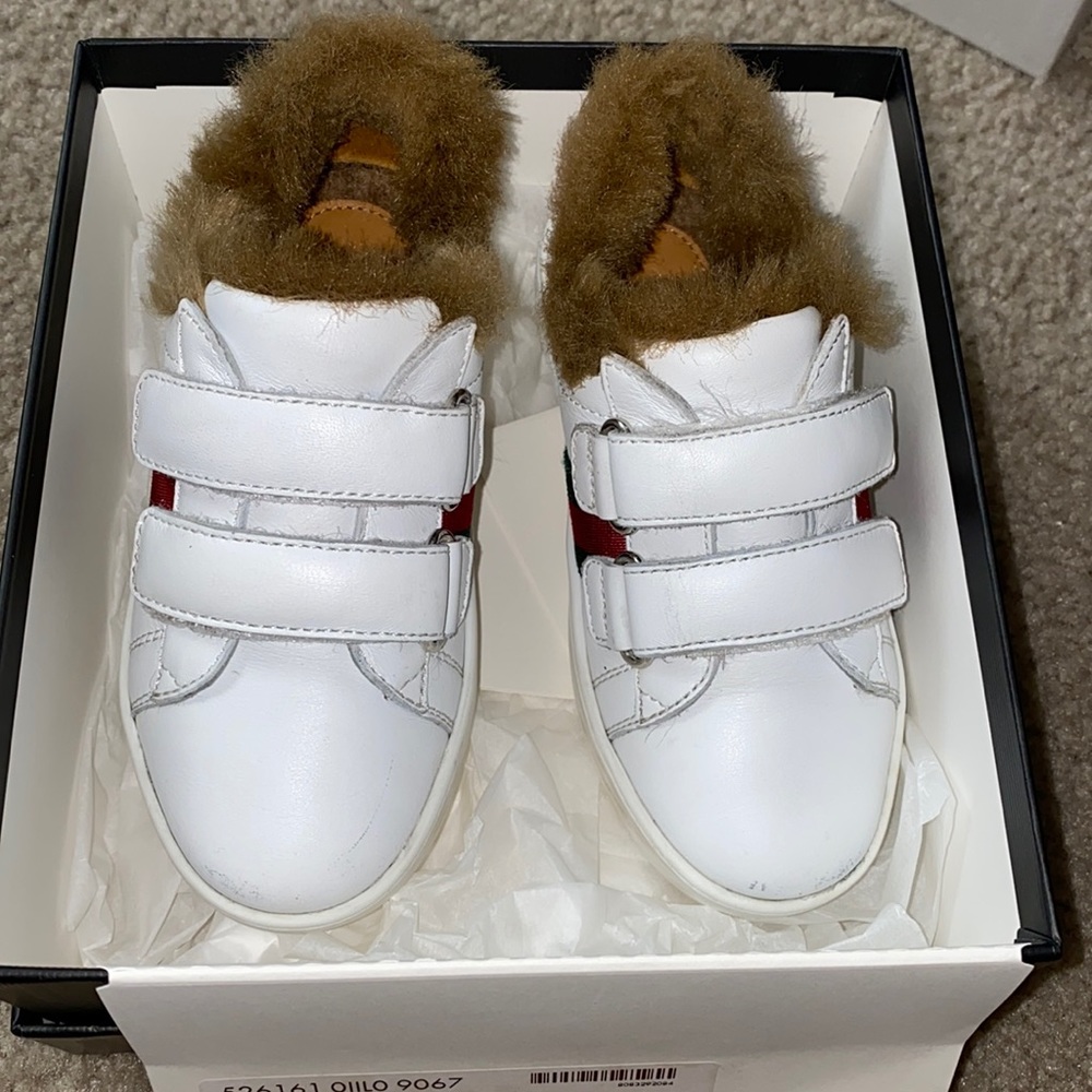 Kids White Leather Sneakers with Brown Fur Lining